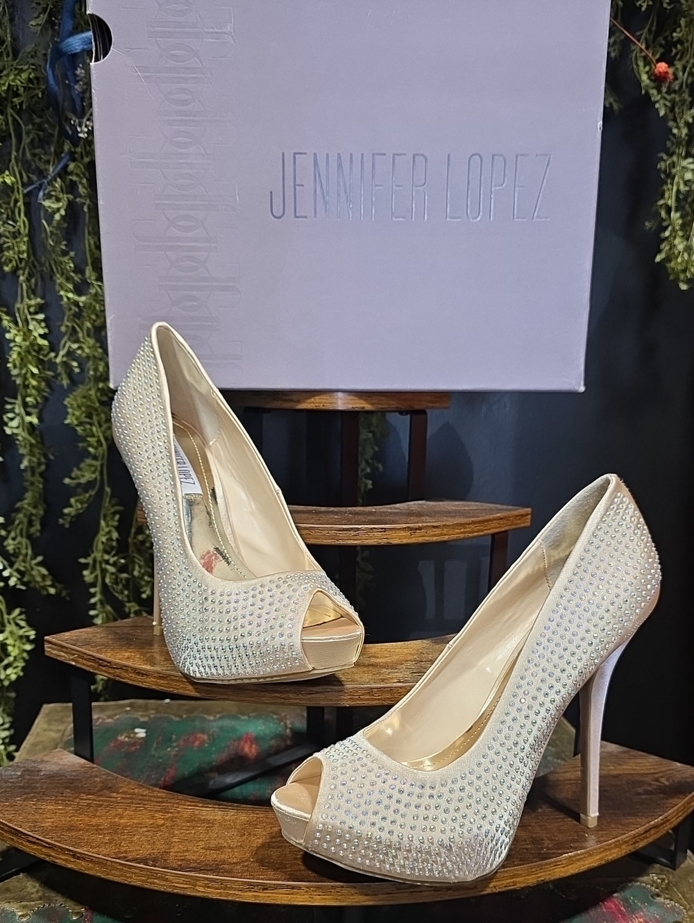 Jennifer Lopez Satin Ivory w/  Irredecent Color Crystal Peep-Toe High Heels